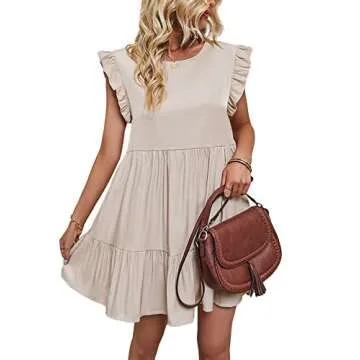 LYANER Women's Summer Ruffle Cap Sleeve Round Neck Swing Babydoll Mini Short Dress Beige Medium