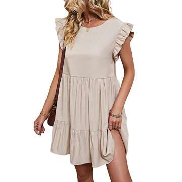 LYANER Women's Summer Ruffle Cap Sleeve Round Neck Swing Babydoll Mini Short Dress Beige Medium