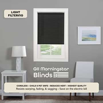 Cordless Light Filtering Mini Blind - 36 Inch Width, 64 Inch Length, 1" Slat Size - Black - Cordless...