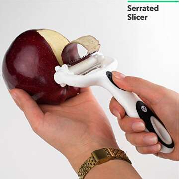 Vremi 3 in 1 Julienne Vegetable Peeler - Citrus Fruit Peeler for Orange Lemon Cocktails - Carrot and Potato Peeler with Rotating Serrated Straight and Julienne Stainless Steel Slicer Blades - Black