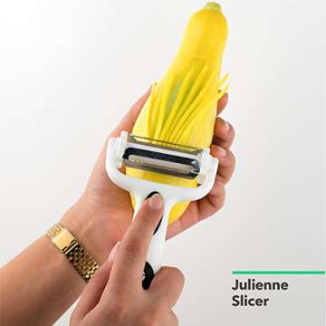 Vremi 3 in 1 Julienne Vegetable Peeler - Citrus Fruit Peeler for Orange Lemon Cocktails - Carrot and Potato Peeler with Rotating Serrated Straight and Julienne Stainless Steel Slicer Blades - Black