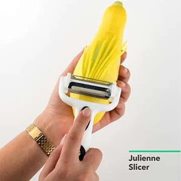 Vremi 3 in 1 Julienne Vegetable Peeler - Citrus Fruit Peeler for Orange Lemon Cocktails - Carrot and Potato Peeler with Rotating Serrated Straight and Julienne Stainless Steel Slicer Blades - Black