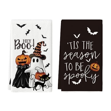 Artoid Mode Ghost Pumpkins Bats Cat Hey Boo Halloween Kitchen Towels