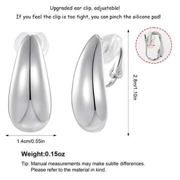 MUYAN Silver Long Waterdrop Clip On Earrings for Women Silver Long Polished Droplet Clip Earrings Lightweight Jewelry