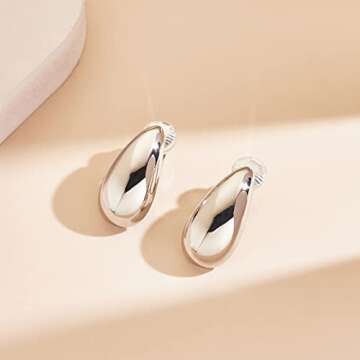MUYAN Silver Long Waterdrop Clip On Earrings for Women Silver Long Polished Droplet Clip Earrings Lightweight Jewelry