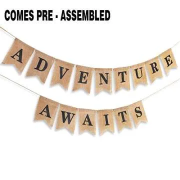 LINGTEER Adventure Awaits Burlap Banner Bunting Bon Voyage Travel Retirement Graduations Wedding Party Pennant Decorations Supplies - [Pre Strung].