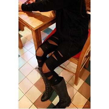 Dikoaina Women Girls Sexy Solid Color Bandage Mesh Leggings, Black, One Size