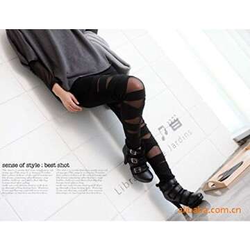 Dikoaina Women Girls Sexy Solid Color Bandage Mesh Leggings, Black, One Size