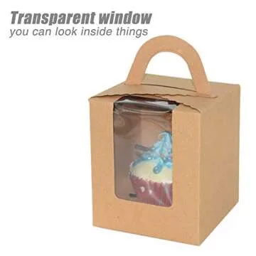 50 Pcs Kraft Paper Cupcake Boxes with Window and Handle