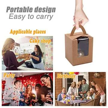 50 Pcs Kraft Paper Cupcake Boxes with Window and Handle