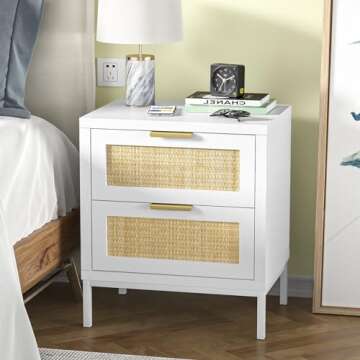 Giluta Farmhouse White nightstands with 2 Drawers, Natural Rattan Night Stand, White End Table with ...