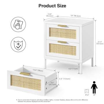 Giluta Farmhouse White nightstands with 2 Drawers, Natural Rattan Night Stand, White End Table with Metal Legs, Bedside Table for Bedroom