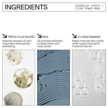 Youth To The People Superclay Purify + Clear Power Mask - Clay Mask with White Clay + French Green Clay Powder to Help Clear Pores, Absorb Excess Oil - BHA, Salicylic Acid, Niacinamide Face Mask (2oz)