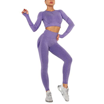 Remelon Women's Sports Gym Yoga 2 Piece Outfit Workout Activewear Sets Long Sleeve Crop Top & Leggin...