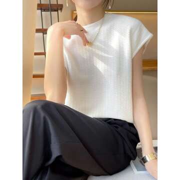 Wowcarbazole Women's Cap Sleeve Sweater Tops Summer Ribbed Kint Vest Trendy Casual Mock Neck Pullover Tank Tops 2024(White-L)