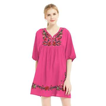 futurino Women Mexican Embroidered Floral Peasant Dress Casual Retro Boho A-line Loose Dress