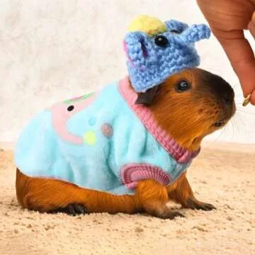 Clysee 10 Pcs Guinea Pig Clothes Set, 5 Guinea Pig Costume Outfit, 5 Cute Mini Hat with Adjustable Strap Small Animal Warm Vest Sweater Cozy Hand Knitted Hat for Hamster Bunny(Fresh Style)