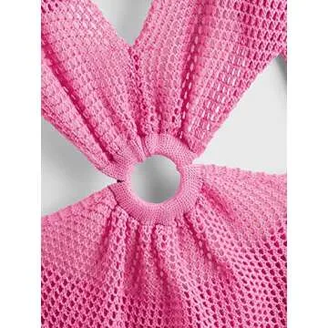 MakeMeChic Women's Crochet Cover Up Long Sleeve Knitted Swim Beach Cover Up Dress Swimwear Hot Pink M