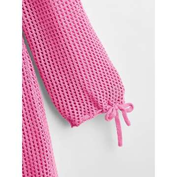 MakeMeChic Women's Crochet Cover Up Long Sleeve Knitted Swim Beach Cover Up Dress Swimwear Hot Pink M