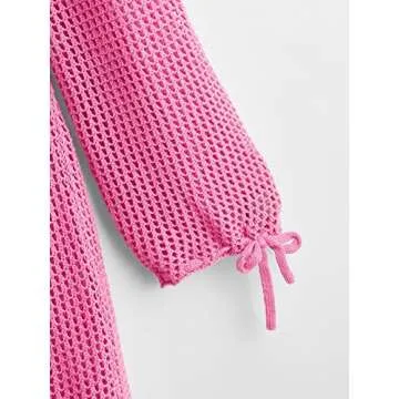 MakeMeChic Women's Crochet Cover Up Long Sleeve Knitted Swim Beach Cover Up Dress Swimwear Hot Pink M