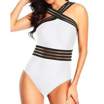 Tempt Me Women White Crisscross One Piece Swimsuits Mesh Tummy Control Bathing Suits Front Crossover Swimwear S
