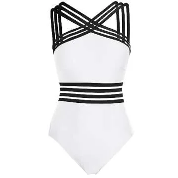 Tempt Me Women White Crisscross One Piece Swimsuits Mesh Tummy Control Bathing Suits Front Crossover Swimwear S
