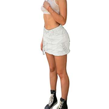 Multitrust Women Y2K Denim Mini Skirts Low Waist Pleated Gothic Cargo Shorts Skirt A-line Mini Skirt Dresses Streetwear (Cargo Creamy White, S)