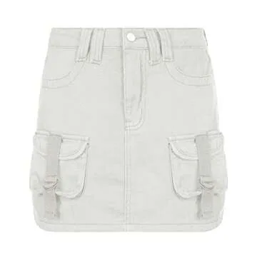 Multitrust Women Y2K Denim Mini Skirts Low Waist Pleated Gothic Cargo Shorts Skirt A-line Mini Skirt Dresses Streetwear (Cargo Creamy White, S)