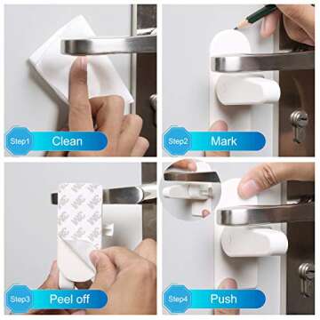 4 Pack Child Proof Door Lever Lock Prevents Toddlers from Opening Doors - One Hand Opertaion Adhesive Baby Proofing Door Handle Safety Locks for Kids