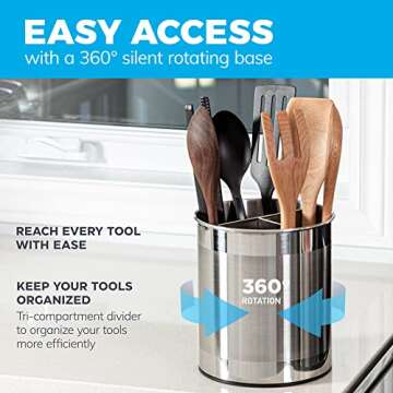 Cooler Kitchen Rotating Extra Large Stainless Steel Utensil Holder Caddy with Sturdy No-Tip Weighted...