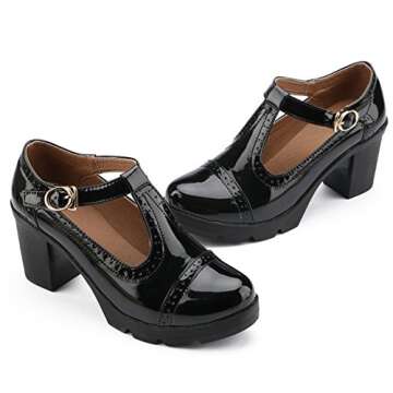 DADAWEN Women's Classic T-Strap Platform Mid-Heel Square Toe Oxfords Dress Shoes Black US Size 8.5