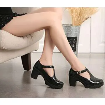 DADAWEN Women's Classic T-Strap Platform Mid-Heel Square Toe Oxfords Dress Shoes Black US Size 8.5