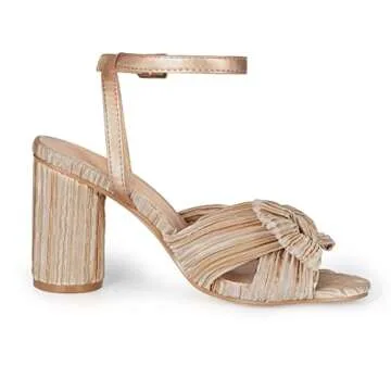 Athlefit Women's Open Toe Chunky Heels Pleated Bow Ankle Strap Heeled Sandals Wedding Bridal Shoes Gold Size 8