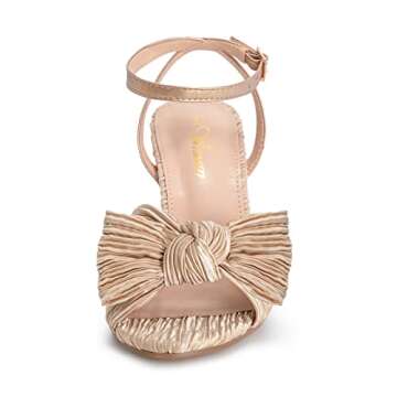 Athlefit Women's Open Toe Chunky Heels Pleated Bow Ankle Strap Heeled Sandals Wedding Bridal Shoes Gold Size 8