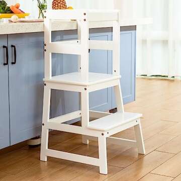 Kids Kitchen Step Stool for Kids with Safety Rail,Solid Wood Construction Toddler Learning Stool, Mo...