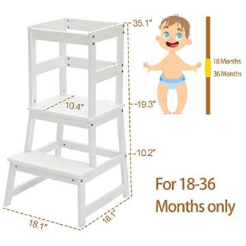Kids Kitchen Step Stool for Kids with Safety Rail,Solid Wood Construction Toddler Learning Stool, Montessori Toddlers Kitchen Stool Tower (White)