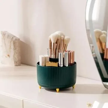 Famyards Makeup Brush Holder, 360° Rotating Makeup Brush Organizer, 5 Slot Large Capacity Cosmetic Brushes Storage Countertop for Vanity, Green