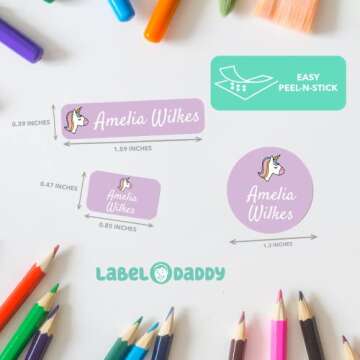 Label Daddy, Custom Label Sticker Personalized for Girls, Premium Waterproof Name Labels for School Supplies, Shoes, Lunch Boxes, Jackets & More - Unicorn Design, 128 Ct