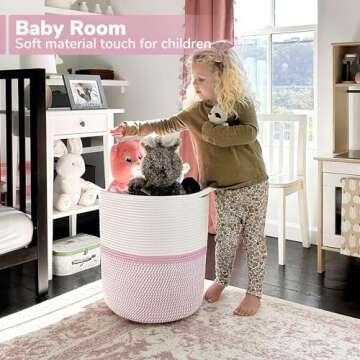 INDRESSME Cotton Basket 17¾ x 15¾ x 13¾ inches Woven Hamper Pink Girl Basket for Gift Toy Blanket Corner Basket in living Room