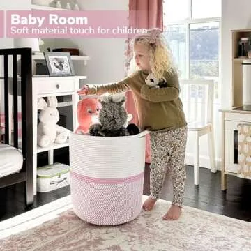 INDRESSME Cotton Basket 17¾ x 15¾ x 13¾ inches Woven Hamper Pink Girl Basket for Gift Toy Blanket Corner Basket in living Room