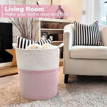 INDRESSME Cotton Basket 17¾ x 15¾ x 13¾ inches Woven Hamper Pink Girl Basket for Gift Toy Blanket Corner Basket in living Room