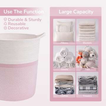 INDRESSME Cotton Basket 17¾ x 15¾ x 13¾ inches Woven Hamper Pink Girl Basket for Gift Toy Blanket Corner Basket in living Room