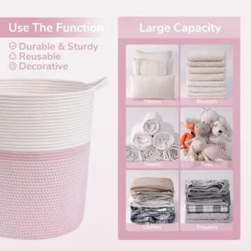 INDRESSME Cotton Basket 17¾ x 15¾ x 13¾ inches Woven Hamper Pink Girl Basket for Gift Toy Blanket Corner Basket in living Room
