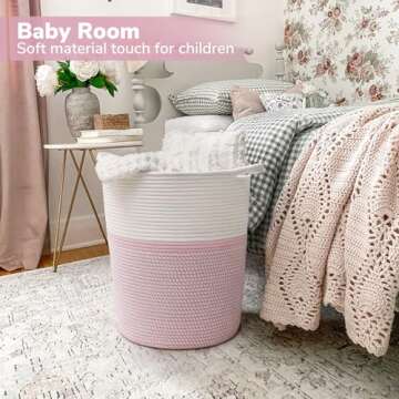 INDRESSME Cotton Basket 17¾ x 15¾ x 13¾ inches Woven Hamper Pink Girl Basket for Gift Toy Blanket Corner Basket in living Room