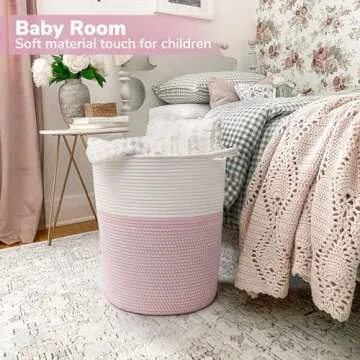 INDRESSME Cotton Basket 17¾ x 15¾ x 13¾ inches Woven Hamper Pink Girl Basket for Gift Toy Blanket Corner Basket in living Room