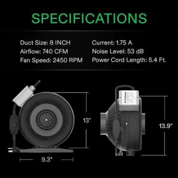 VIVOSUN Z8 8 Inch Inline Duct Fan, 740 CFM Ventilation Fan with Variable Speed Controller for Grow Tent, Indoor Garden Ventilation, Black