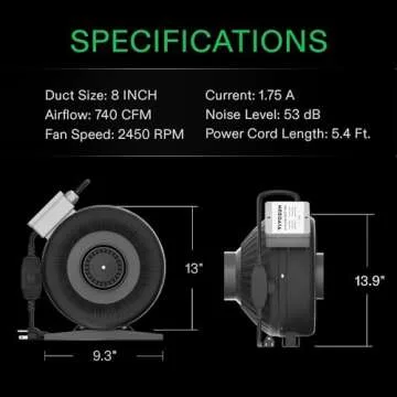 VIVOSUN Z8 8 Inch Inline Duct Fan, 740 CFM Ventilation Fan with Variable Speed Controller for Grow Tent, Indoor Garden Ventilation, Black