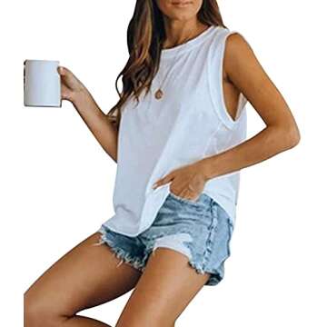 Women's Summer Sleeveless Tank Top Loose Fit Casual Crew Neck T Shirts Basic Tee Tops White