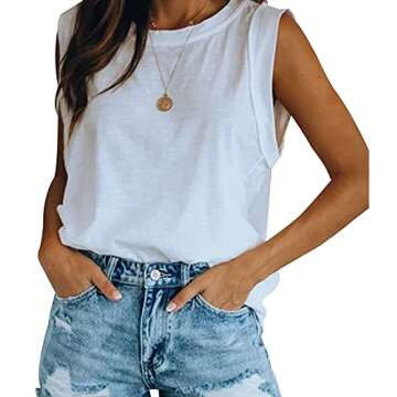 Women's Summer Sleeveless Tank Top Loose Fit Casual Crew Neck T Shirts Basic Tee Tops White