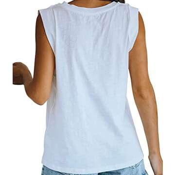 Women's Summer Sleeveless Tank Top Loose Fit Casual Crew Neck T Shirts Basic Tee Tops White
